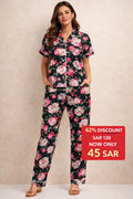 Women’s Satin Pajama Set – Black Rose Floral Print (Short Sleeve Shirt + Long Pants)