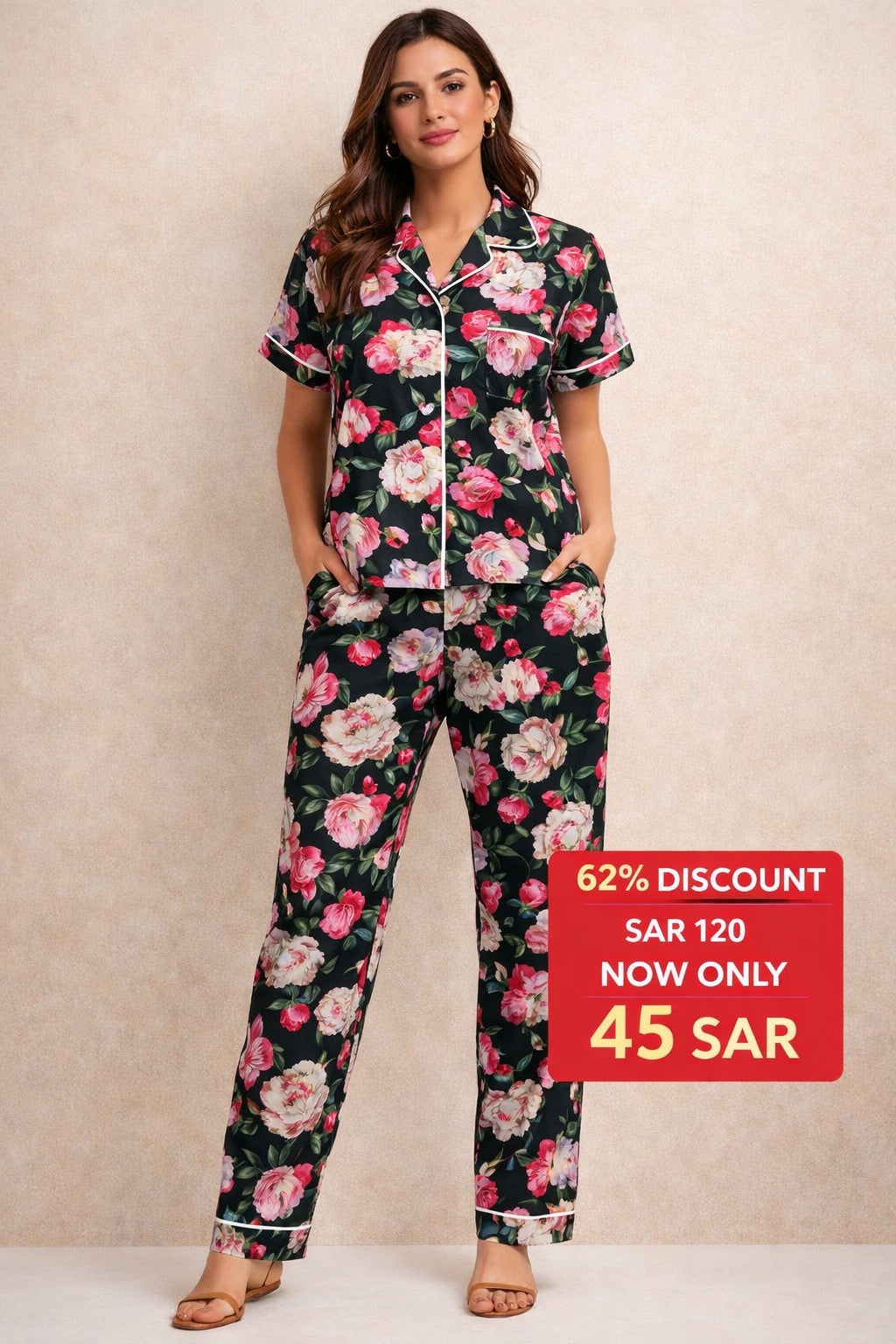 Women’s Satin Pajama Set – Black Rose Floral Print (Short Sleeve Shirt + Long Pants)