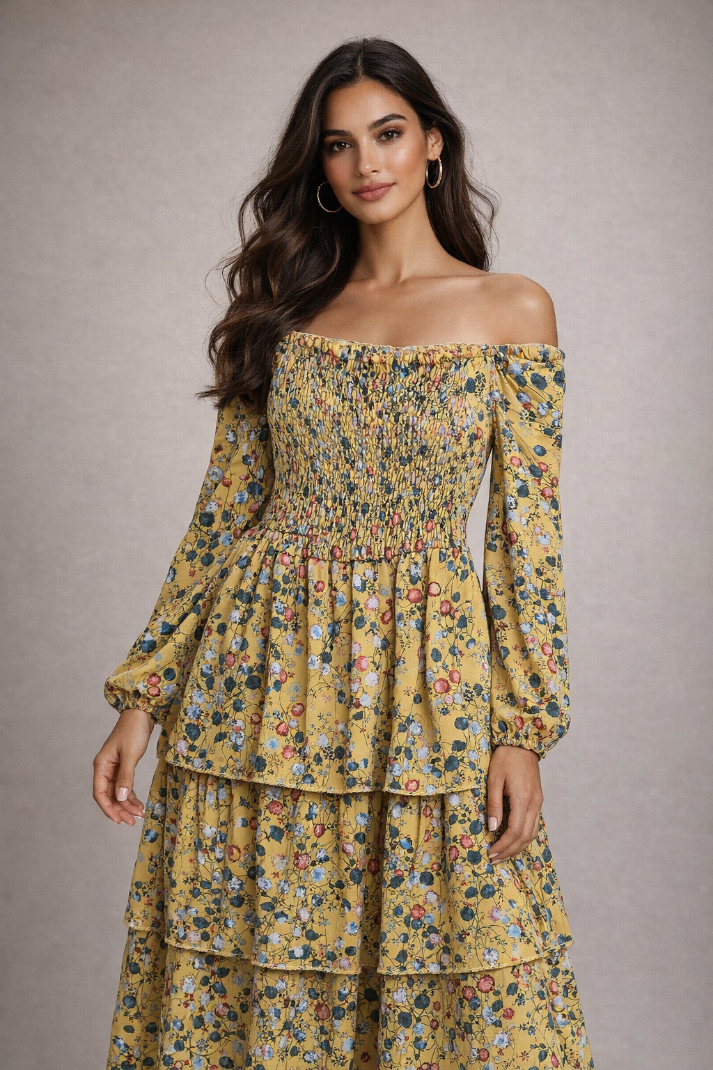 فستان سهرة جورجيت مزهر بأكتاف مكشوفة وقصة مكشكشة (ماكسي) | Floral Georgette Off-Shoulder Smocked Maxi Party Dress
