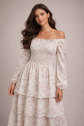 فستان سهرة جورجيت مزهر بأكتاف مكشوفة وقصة مكشكشة (ماكسي) | Floral Georgette Off-Shoulder Smocked Maxi Party Dress
