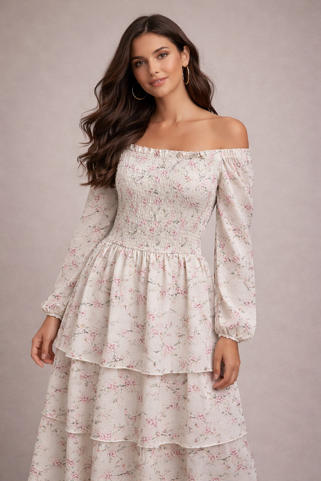فستان سهرة جورجيت مزهر بأكتاف مكشوفة وقصة مكشكشة (ماكسي) | Floral Georgette Off-Shoulder Smocked Maxi Party Dress