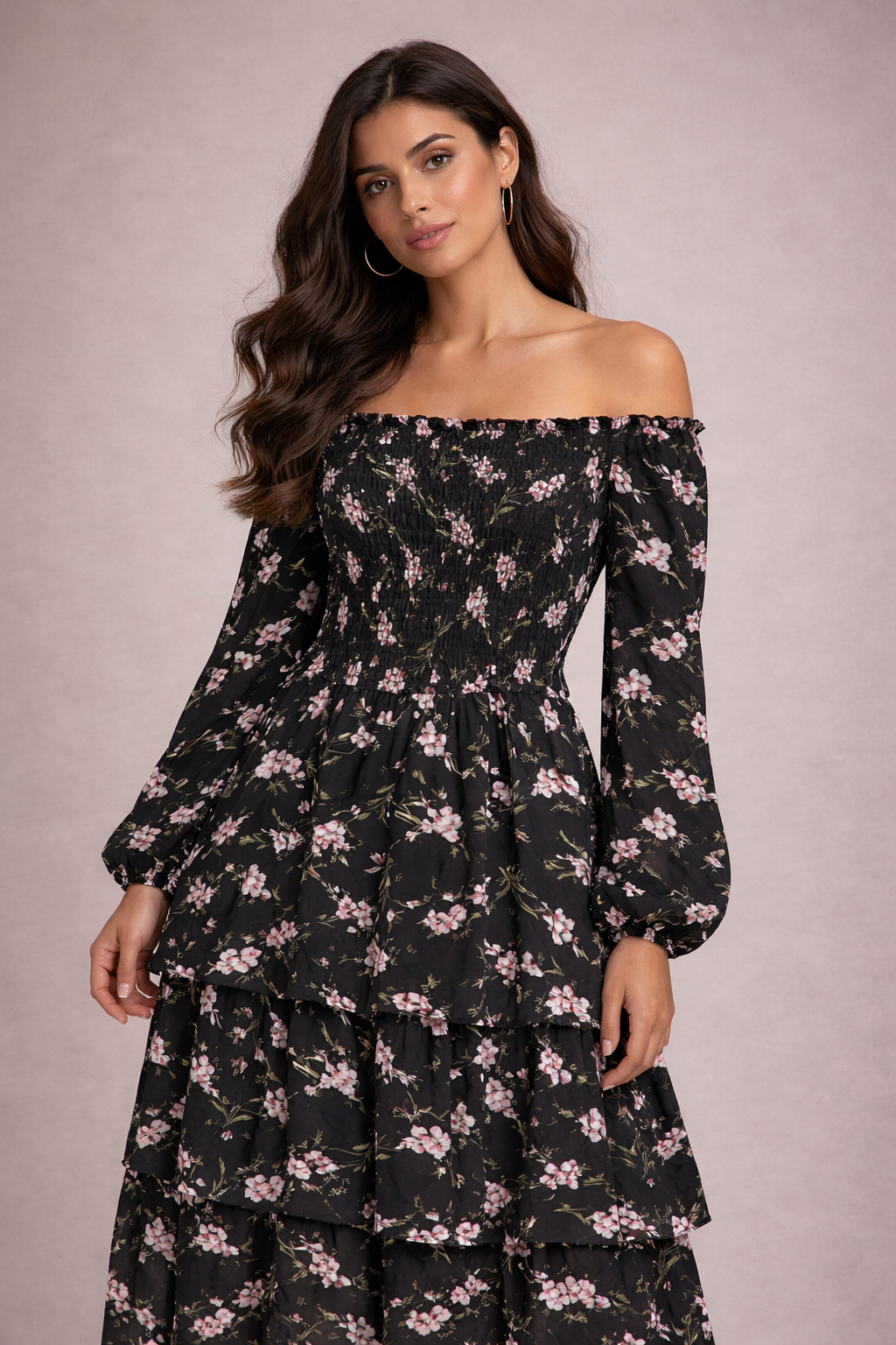 فستان سهرة جورجيت مزهر بأكتاف مكشوفة وقصة مكشكشة (ماكسي) | Floral Georgette Off-Shoulder Smocked Maxi Party Dress