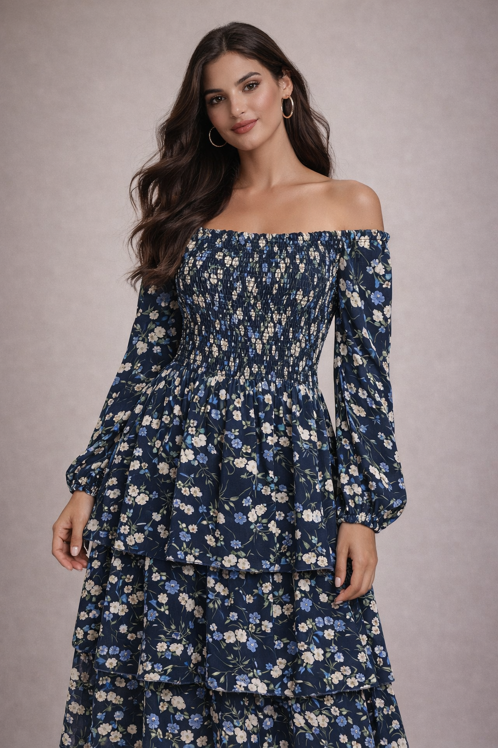 فستان سهرة جورجيت مزهر بأكتاف مكشوفة وقصة مكشكشة (ماكسي) | Floral Georgette Off-Shoulder Smocked Maxi Party Dress