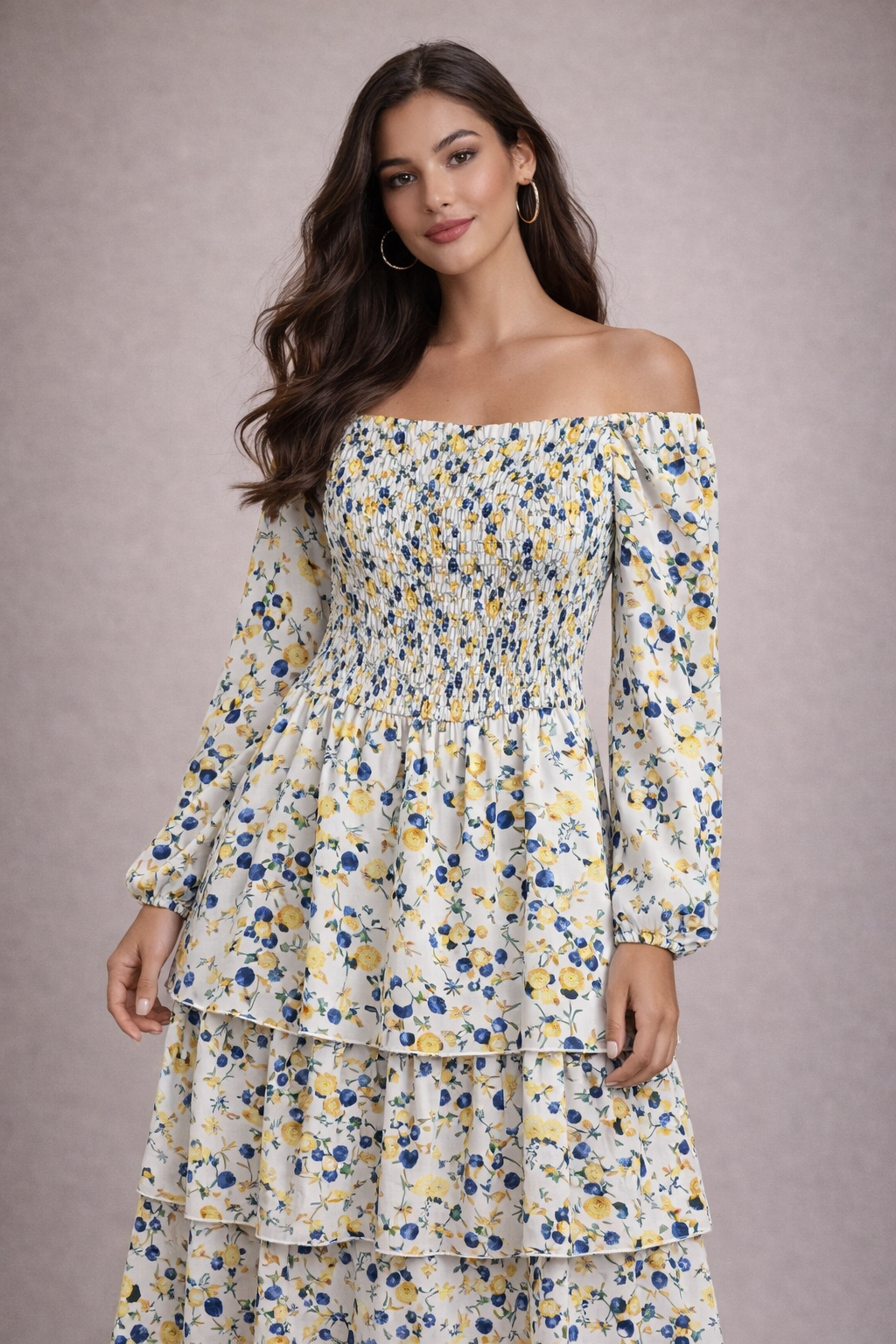 فستان سهرة جورجيت مزهر بأكتاف مكشوفة وقصة مكشكشة (ماكسي) | Floral Georgette Off-Shoulder Smocked Maxi Party Dress
