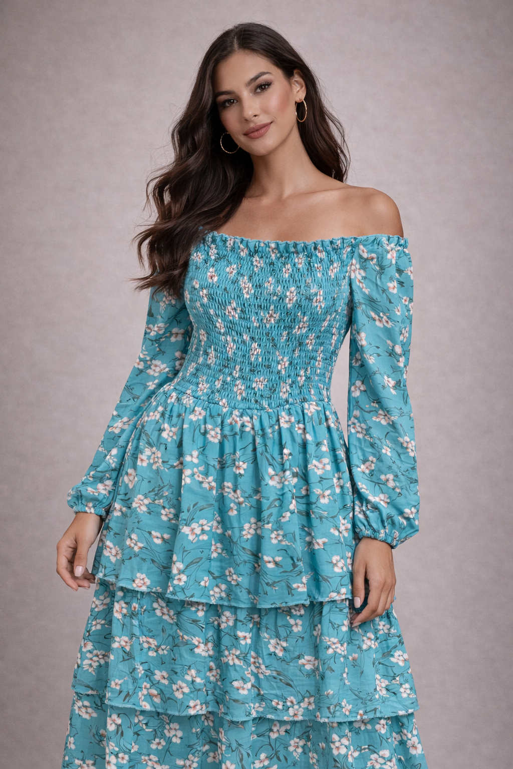 فستان سهرة جورجيت مزهر بأكتاف مكشوفة وقصة مكشكشة (ماكسي) | Floral Georgette Off-Shoulder Smocked Maxi Party Dress