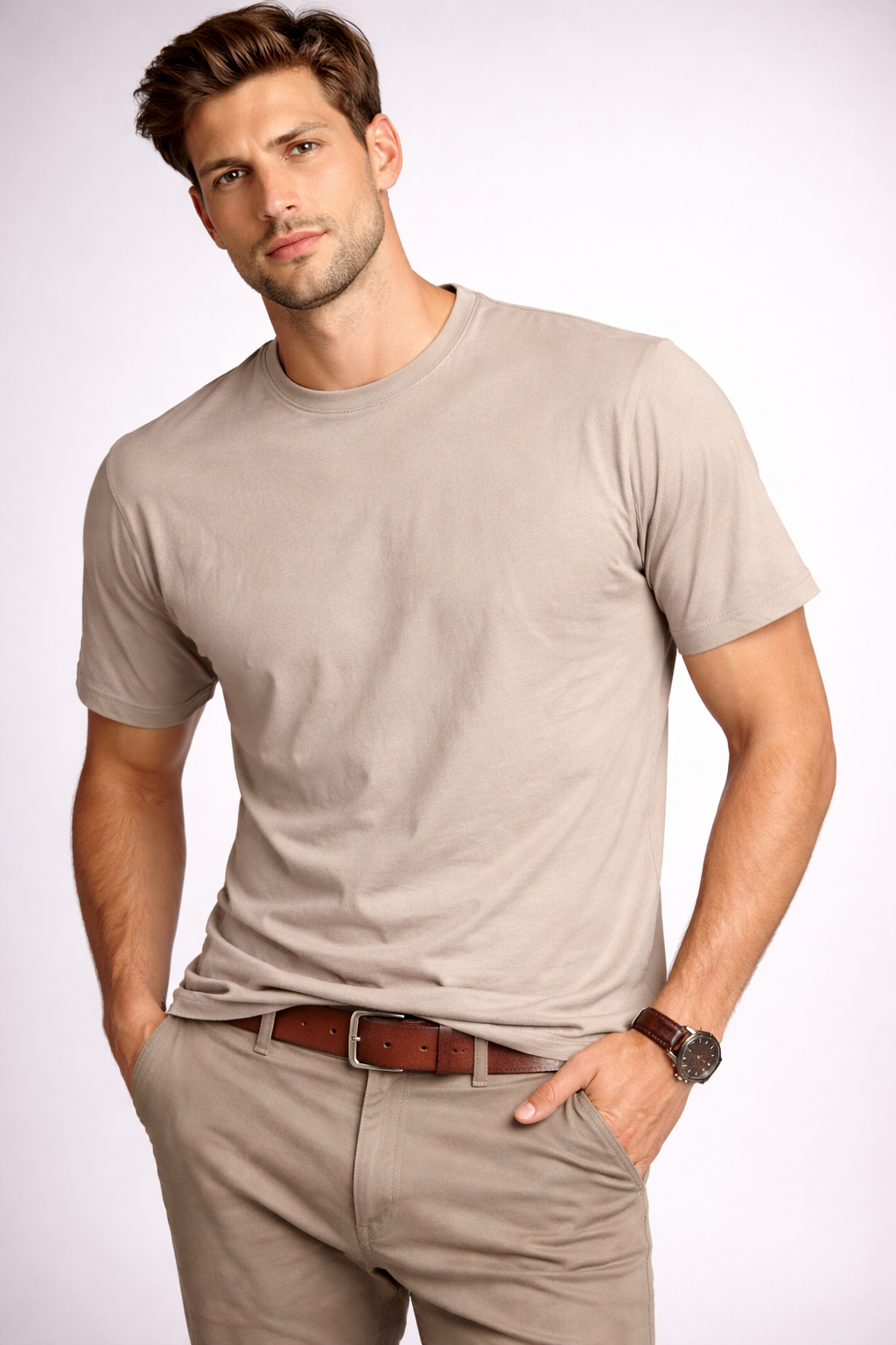 Men’s Beige Solid Premium Cotton T-Shirt