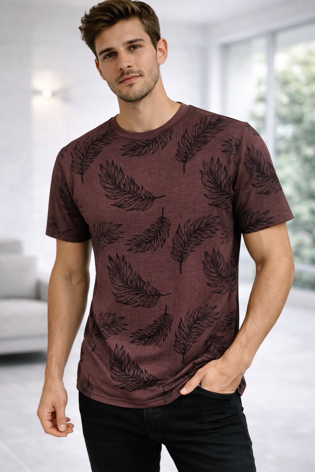 Men’s Brown Leaf Printed Cotton T-Shirt