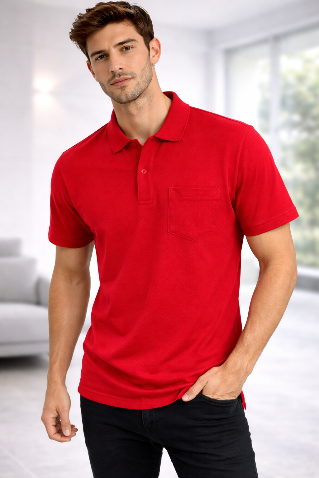 Men’s Red Polo Collar Cotton T-Shirt with Pocket