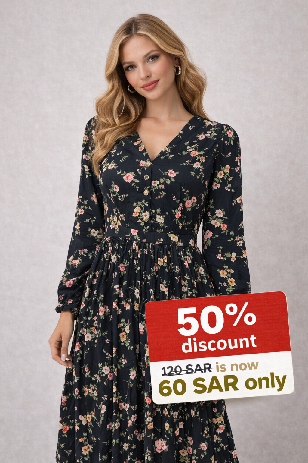 VIP Print Georgette Floral V-Neck Button Midi Party Dress (Multi-Color Variants) | فستان حفلات ميدي جورجيت بطبعة VIP زهور برقبة V وأزرار أمامية (ألوان متعددة)