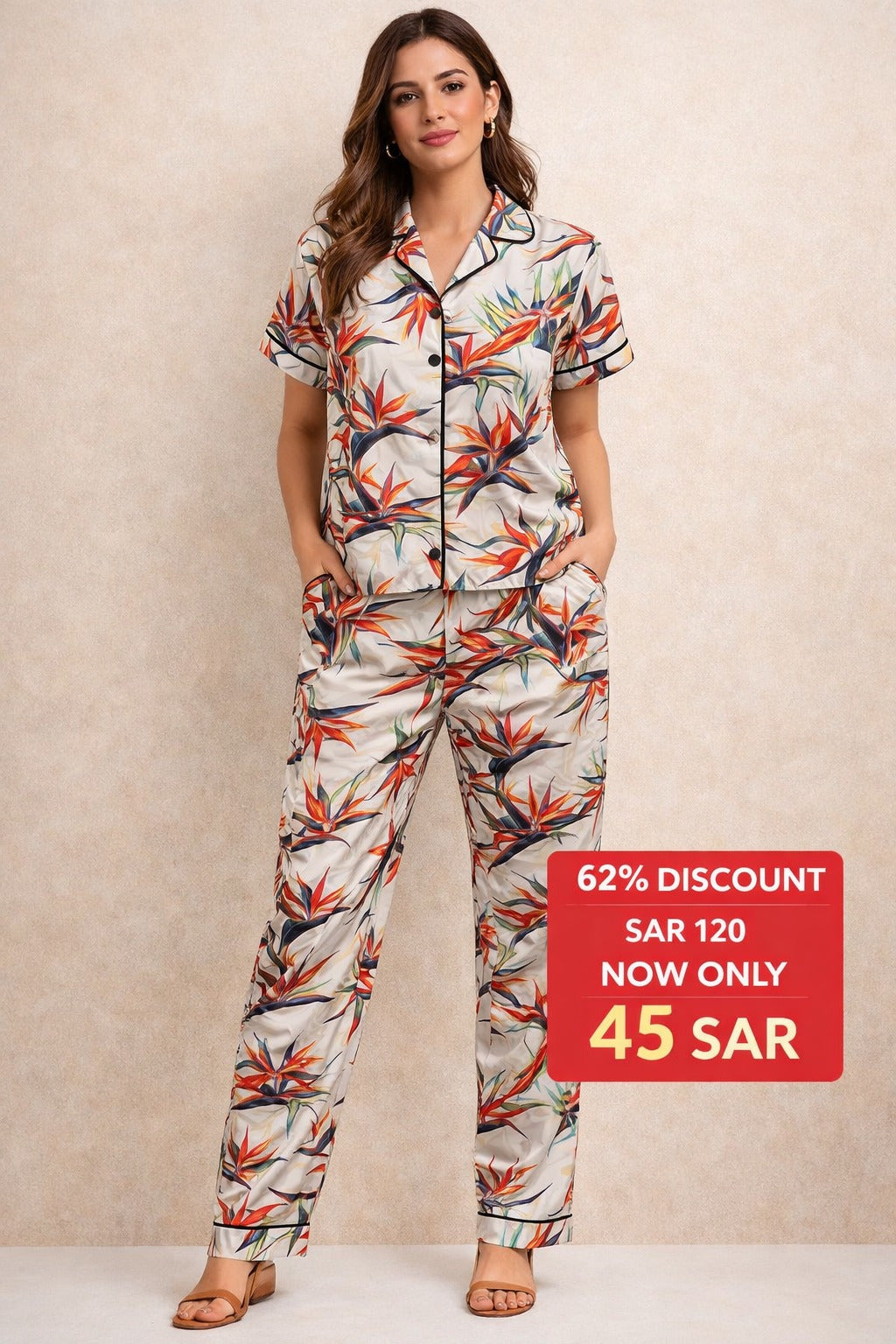 Women’s Satin Pajama Set – Tropical Bird Print (Short Sleeve Shirt + Long Pants)