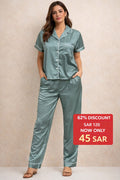 Women’s Satin Pajama Set – Solid Sage Green (Short Sleeve Shirt + Long Pants)