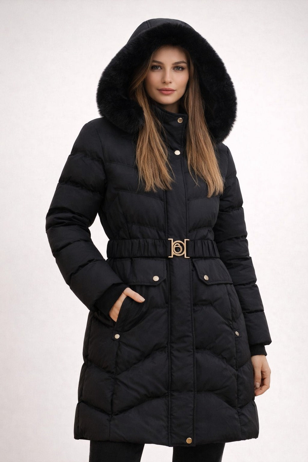 Women’s Long Winter Padded Jacket with Hood جاكيت شتوي طويل مبطن للنساء مع غطاء للرأس