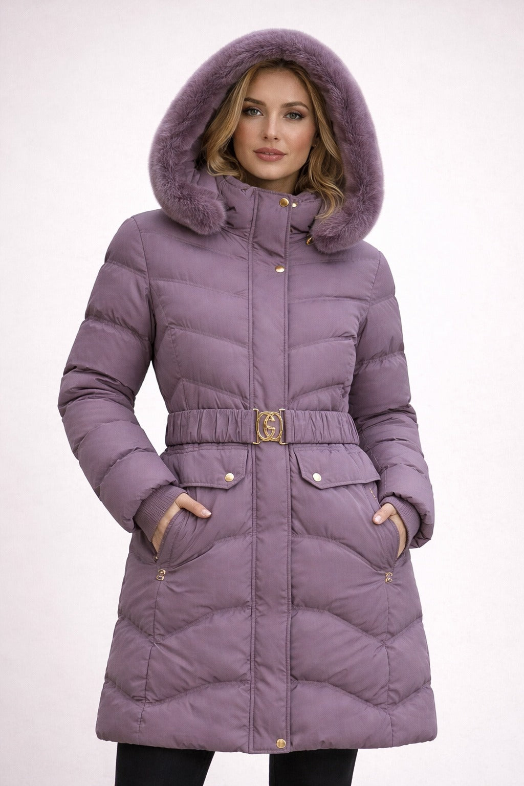 Women’s Long Winter Padded Jacket with Hood جاكيت شتوي طويل مبطن للنساء مع غطاء للرأس