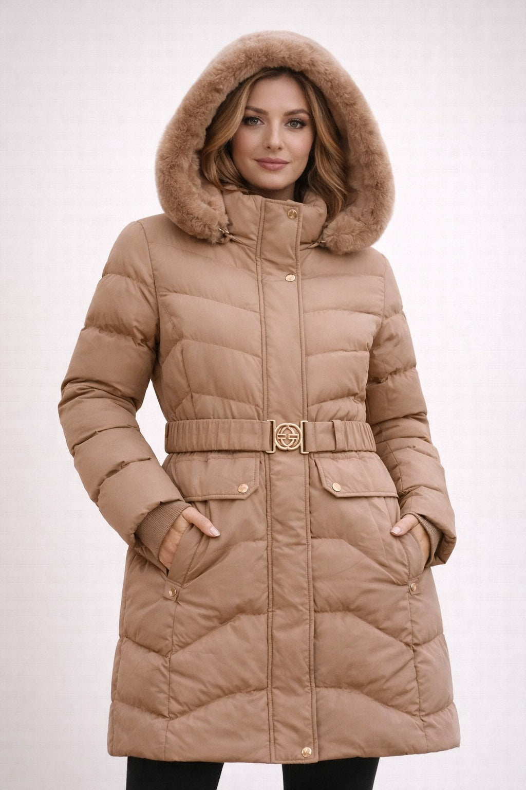 Women’s Long Winter Padded Jacket with Hood جاكيت شتوي طويل مبطن للنساء مع غطاء للرأس