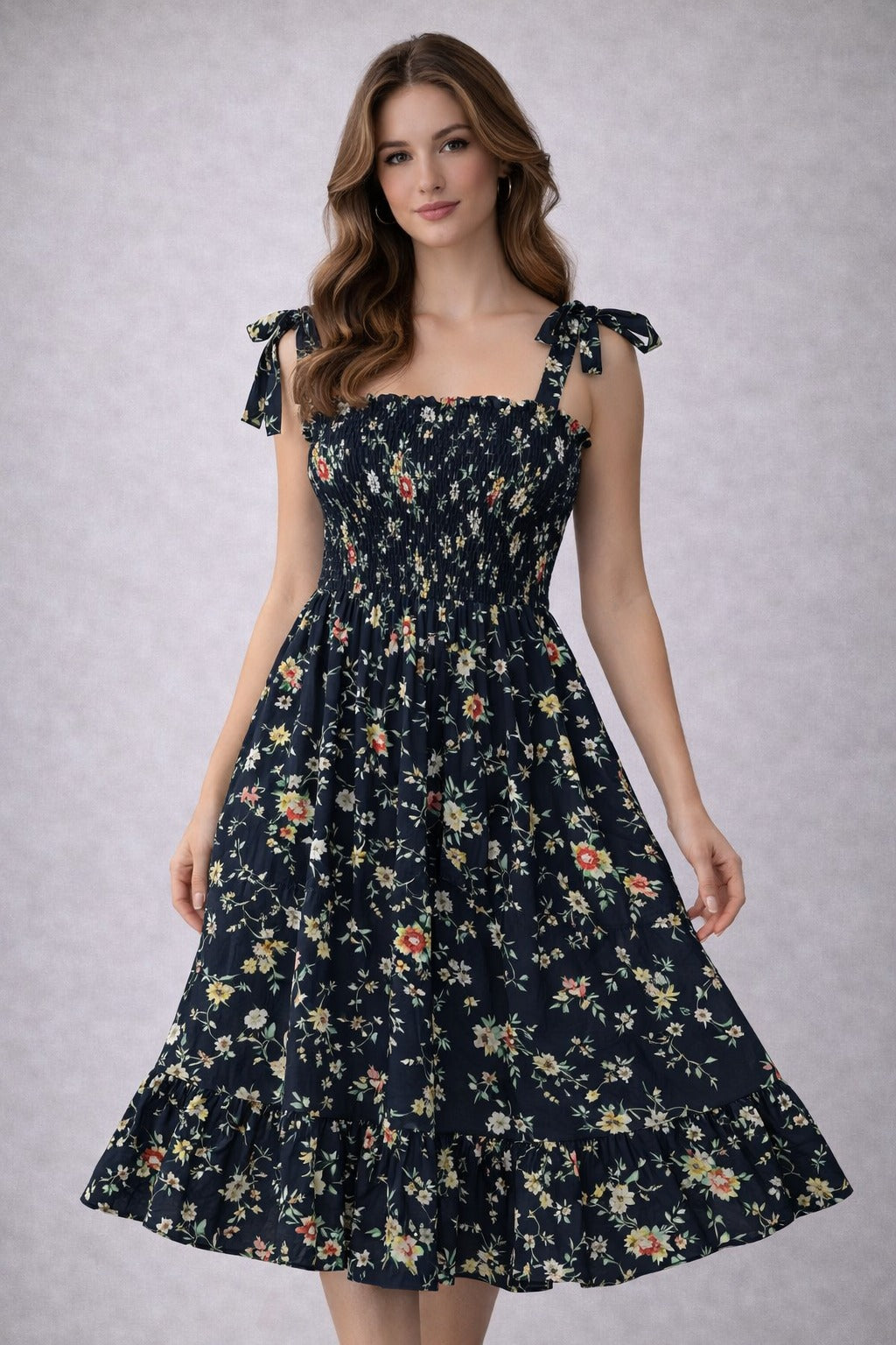 VIP Printed Georgette Party Dress (Smocked Tie-Shoulder, Midi/Short)