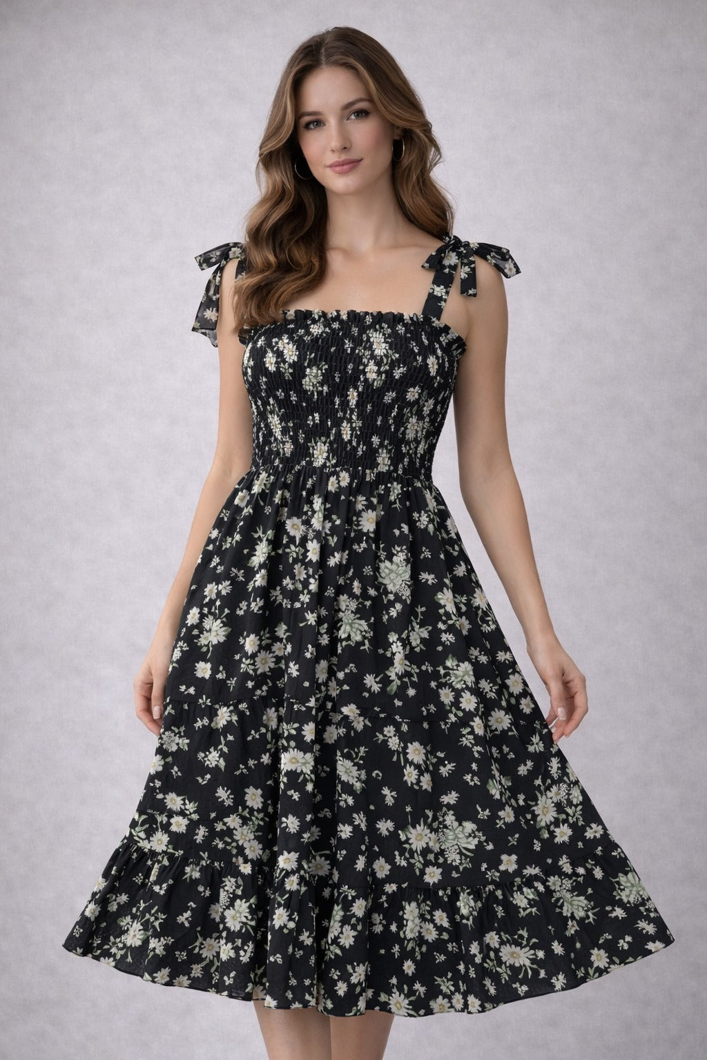 VIP Printed Georgette Party Dress (Smocked Tie-Shoulder, Midi/Short)