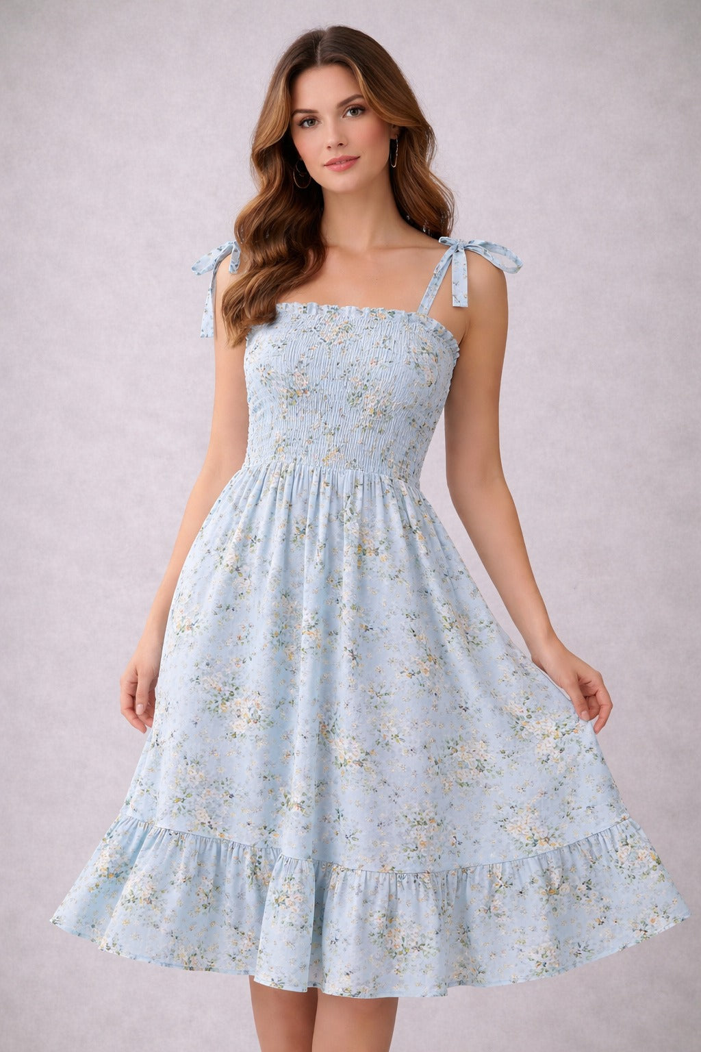 VIP Printed Georgette Party Dress (Smocked Tie-Shoulder, Midi/Short)