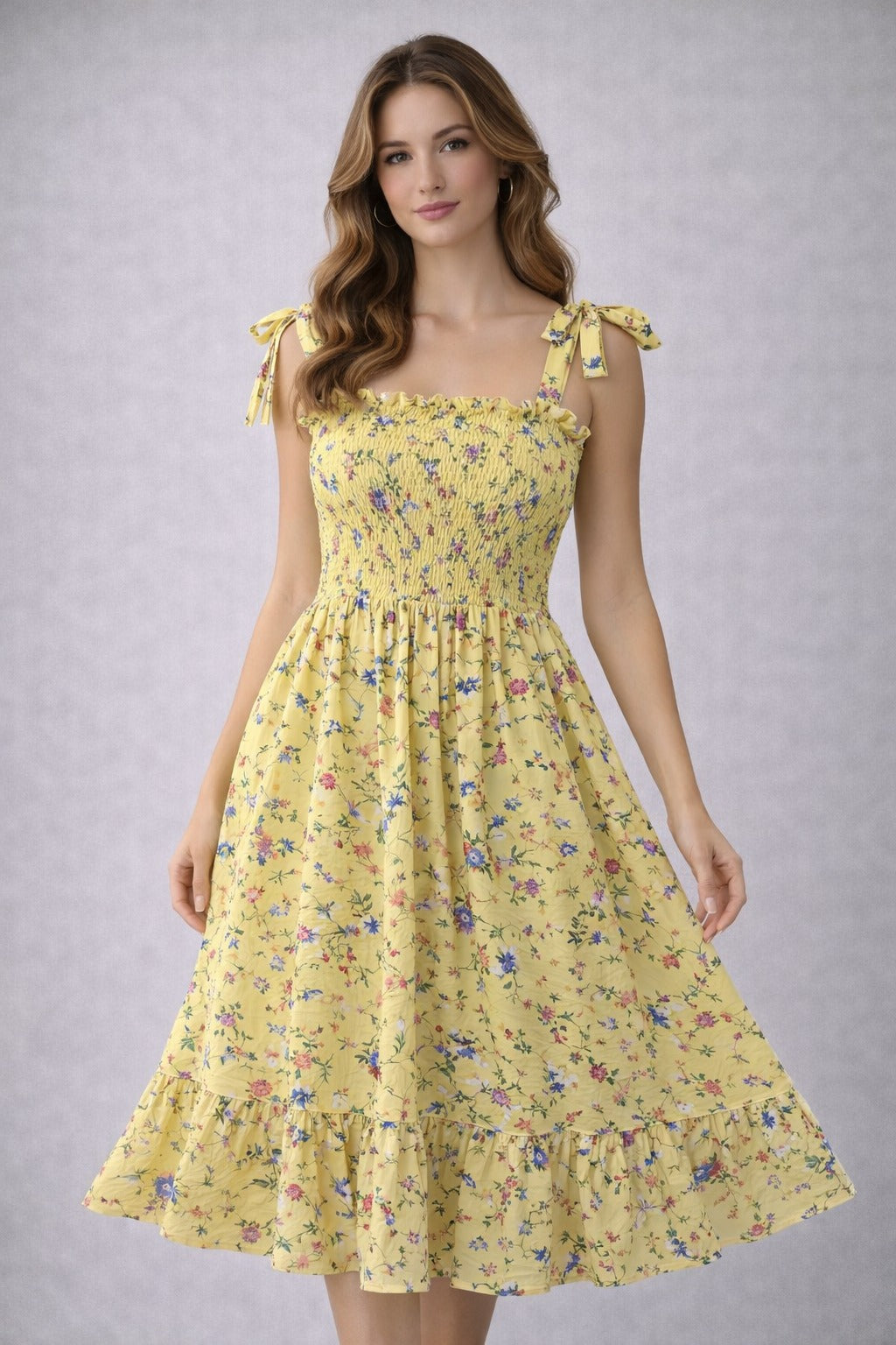 VIP Printed Georgette Party Dress (Smocked Tie-Shoulder, Midi/Short)